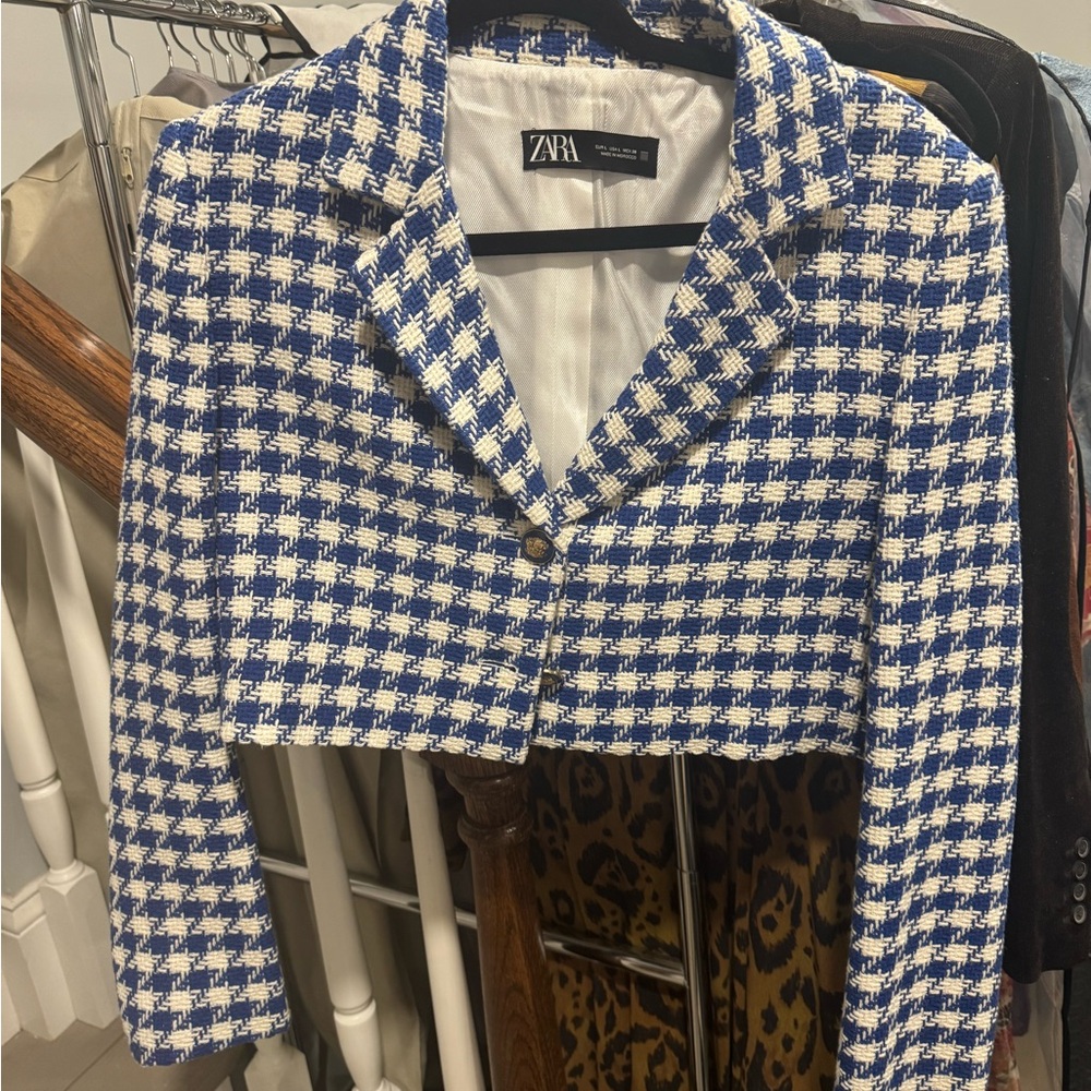 Zara Women's Blue and White Checkered Blazer